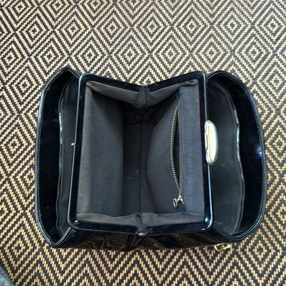 Vintage MEYERS Black Patent Leather Handbag with gold chain handles & clasp